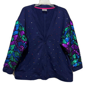 Terez NY Sequin Sleeve Cardigan Large Navy Blue Embellished Rhinestone Sweater